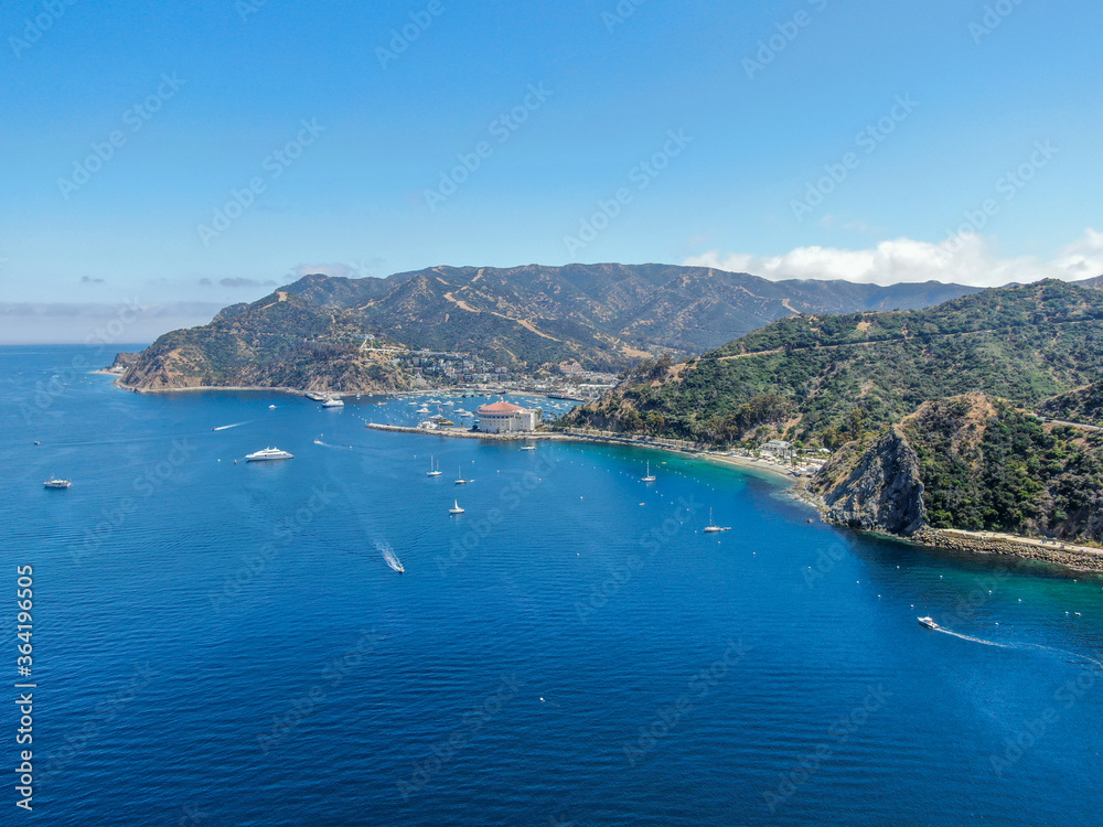 Aerial view of Avalon Bay in Santa Catalina Island, tourist attraction in Southern California, USA