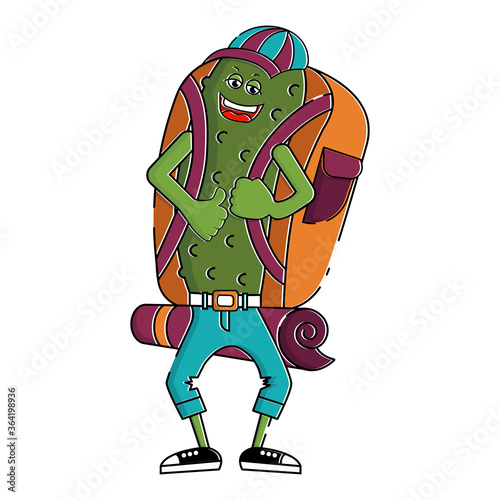 Anthropomorphic cucumber goes on hiking trip with large backpack to nature. He smiles happily. Vector illustration with elements of art line style. Isolated o character on white. Healthy lifestyle