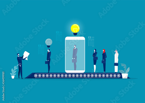 male HR Manager screen and interview Candidate over Huge Digital Tablet Screen. Long Job Seekers Queue. Hiring Process. Vector Illustration