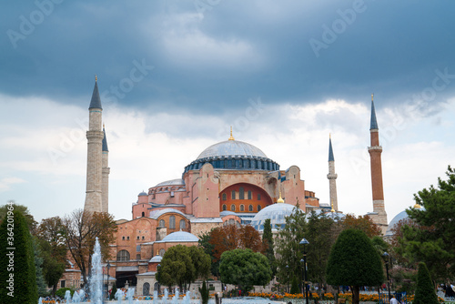 The famous Hagia Sophia (Aya Sophia, Aya sofia, Ayasofya) Museum Mosque in Istanbul. View from of Sultan Ahmet park. TURKEY