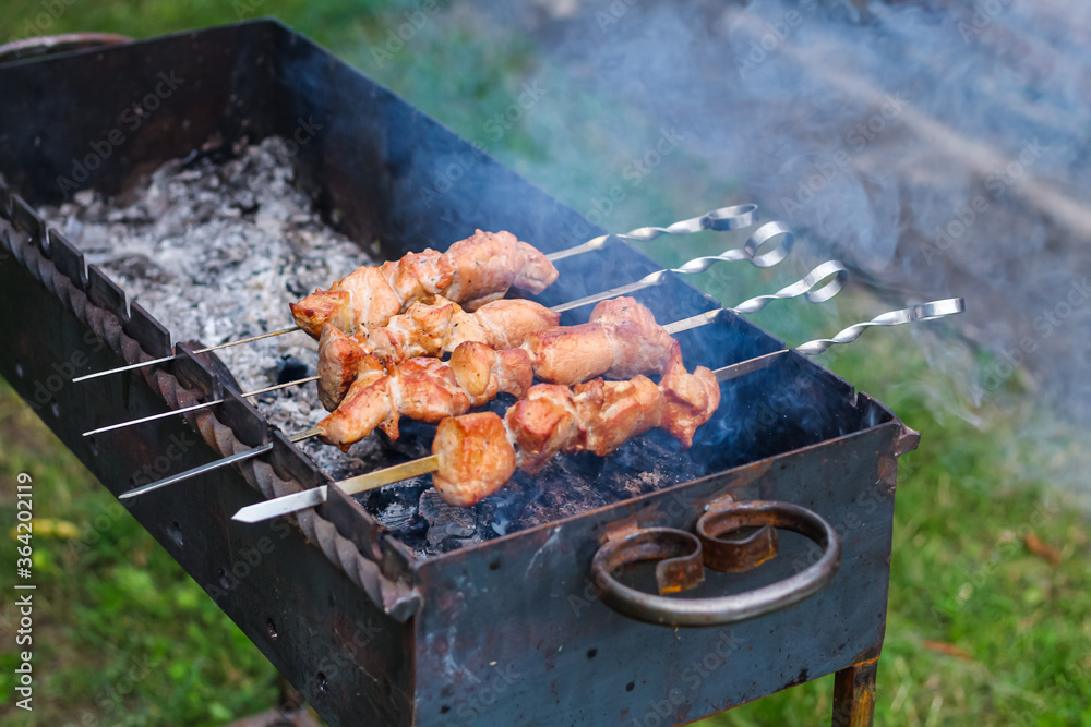 Pork skewers on skewers cooked on charcoal in the grill Pork skewers on skewers cooked on charcoal in the grill
