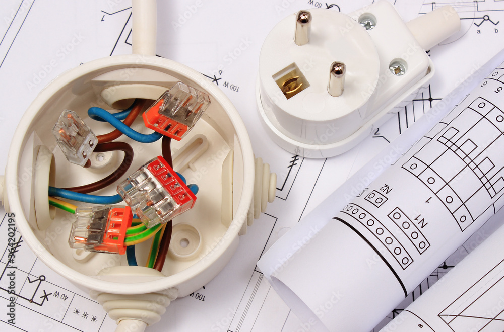Electrical box with connections of electric copper wires, plug and