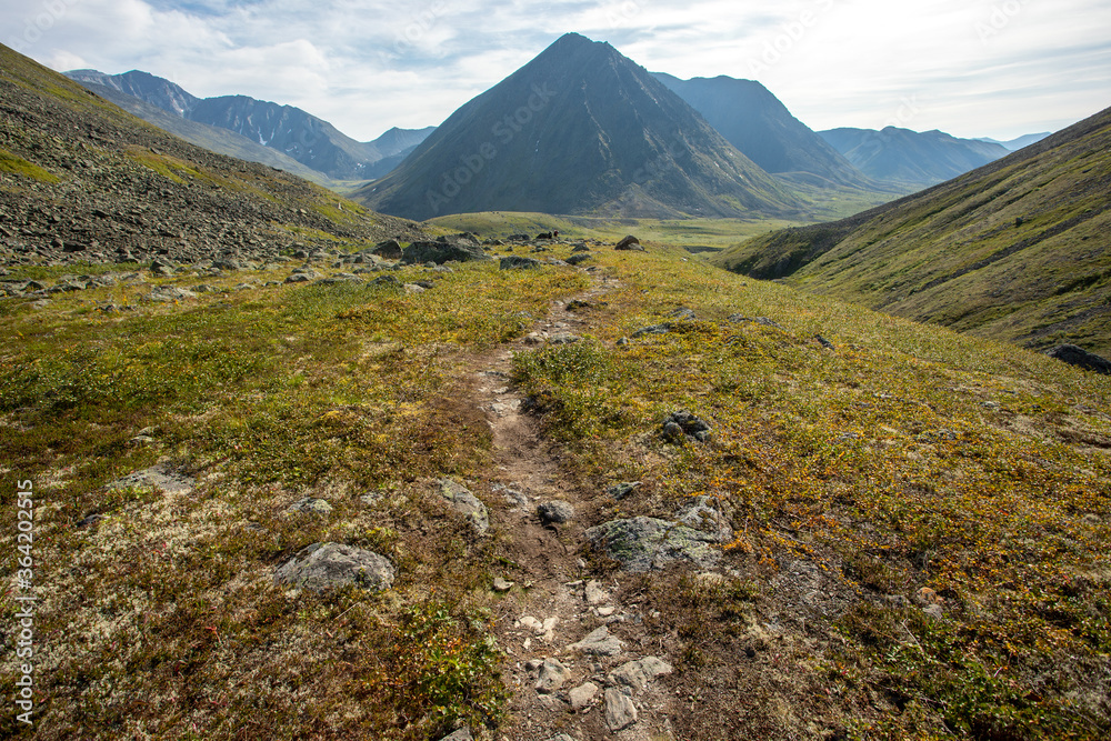 Amazing mountain landscape with colorful cloudless sky. Travel and hiking concept. Mountain landscape Subpolar Urals.