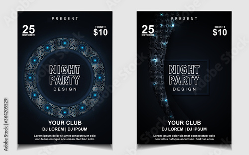 Night dance party music poster flyer layout design template background with neon light and dynamic style. Navy blue electro style vector for concert disco, club party, event invitation, cover festival