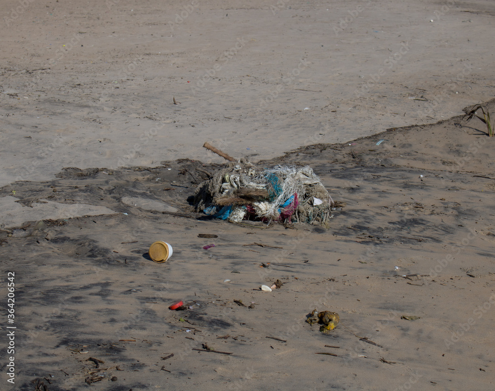 Obraz premium Waste accumulated on the shores of a sea. Pile of waste that washed ashore on a beach.