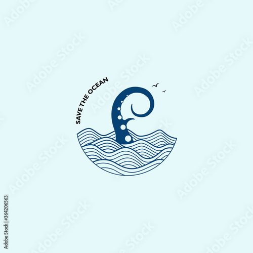 Save the ocean logo vector with tentacle octopus and wave illustration
