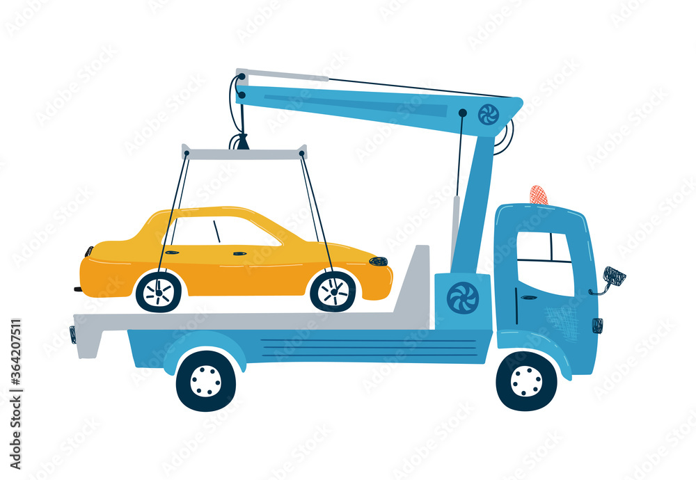 Service car tow truck isolated on a white background in flat style. Icons kids cars for design of children's rooms, clothing, textiles. Vector illustration