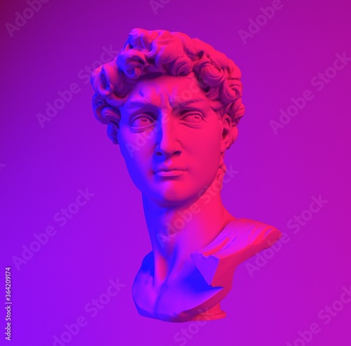 3D rendering of Michelangelo's David head in neon lightning. Classical sculpture in vaporwave retrofuturistic style.