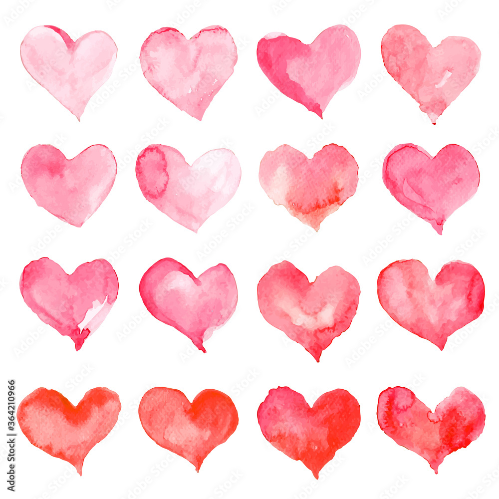Heart watercolor set for Happy Valentine's day card design. Hand drawn vector illustration.