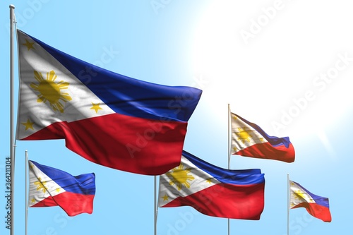 nice any celebration flag 3d illustration. - 5 flags of Philippines are wave on blue sky background