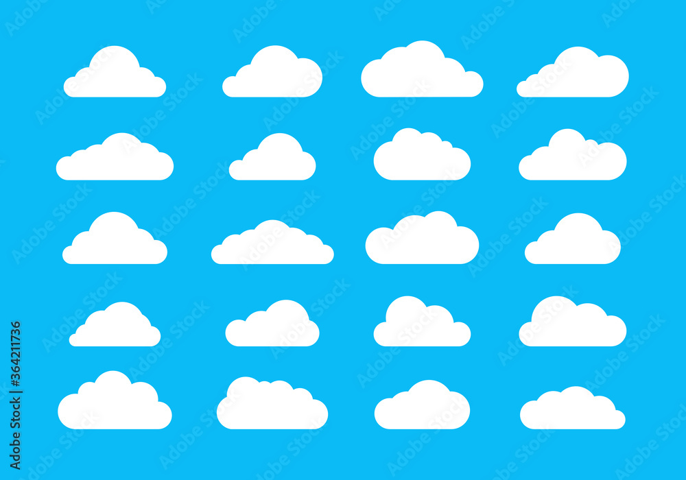 Icons cloud vector, White flat cloudy design on blue background Icons cloud vector, White flat cloudy design on blue background