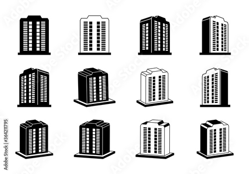 Company icons set, Building perspective vector collection on white background, Silhouette hotel condo and apartment illustration, Black line isometric graphic bank and office