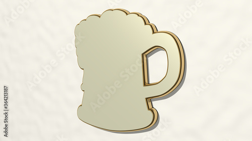 MUG OF BEER from a perspective on the wall. A thick sculpture made of metallic materials of 3D rendering. coffee and background