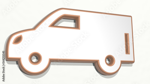 TRUCK from a perspective on the wall. A thick sculpture made of metallic materials of 3D rendering. illustration and car photo