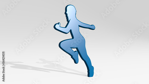 woman running stand with shadow. 3D illustration of metallic sculpture over a white background with mild texture. beautiful and young