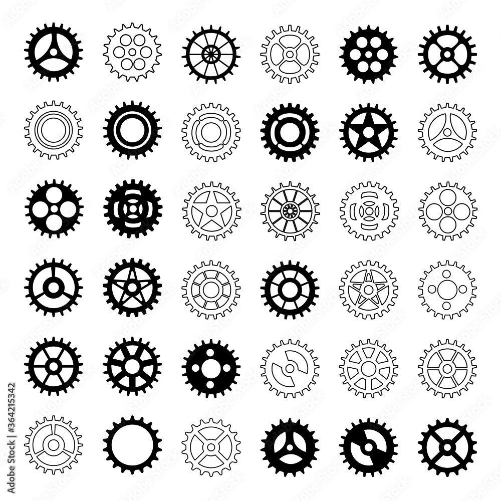 Cogwheel flat machine gear icon.Collection of vector gear. Set of black machine gear on a white background