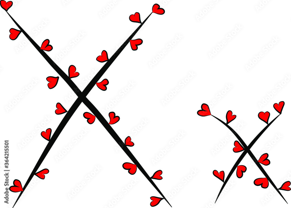 Festive romantic font. Black branches and bright red hearts. Valentine's day. Design of greeting cards and invitations. Latin English letters. Uppercase and lowercase letter X. Concise design
