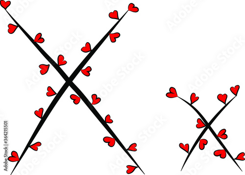 Obraz na płótnie Festive romantic font. Black branches and bright red hearts. Valentine's day. Design of greeting cards and invitations. Latin English letters. Uppercase and lowercase letter X. Concise design w salonie