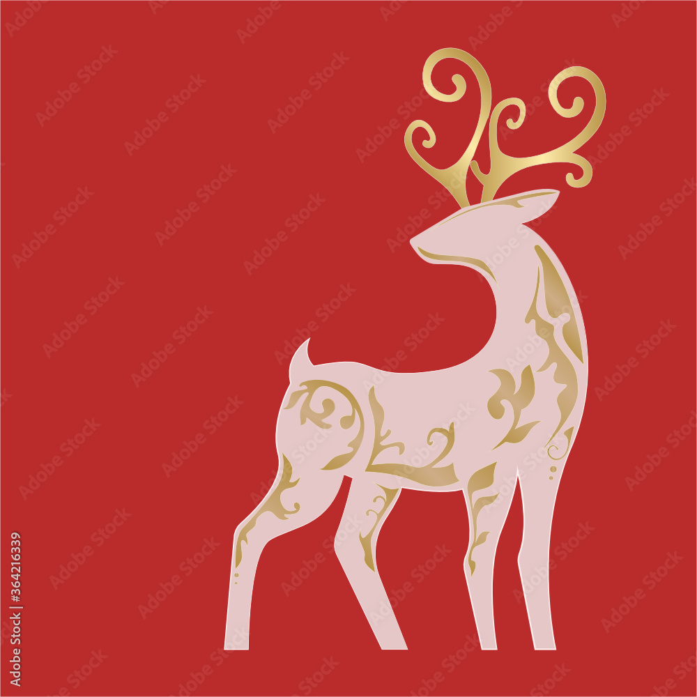 Fototapeta premium The silhouette of the deer postcard christmas red background.Vector illustration.