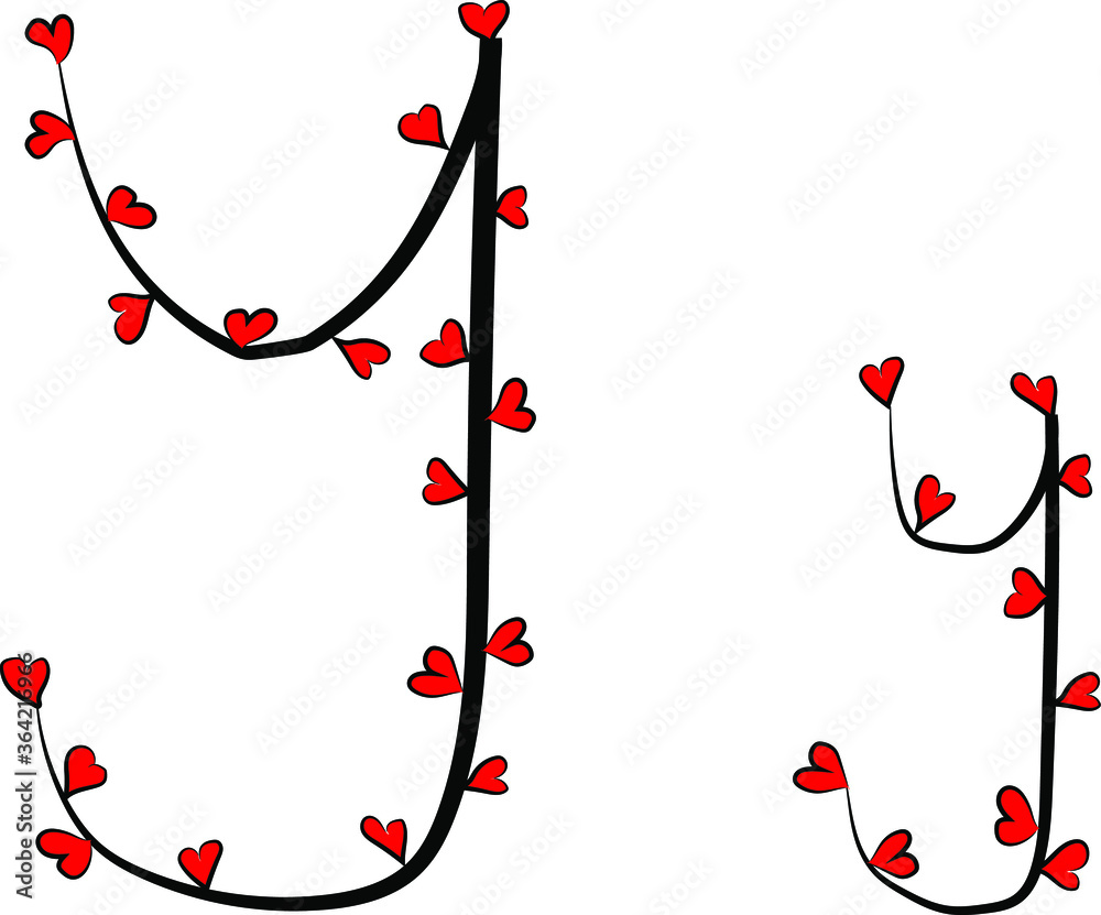 Festive romantic font. Black branches and bright red hearts. Valentine's day. Design of greeting cards and invitations. Latin English letters. Uppercase and lowercase letter Y. Concise design
