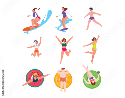 Collection of summer people having fun and enjoying activities with wearing swimsuits