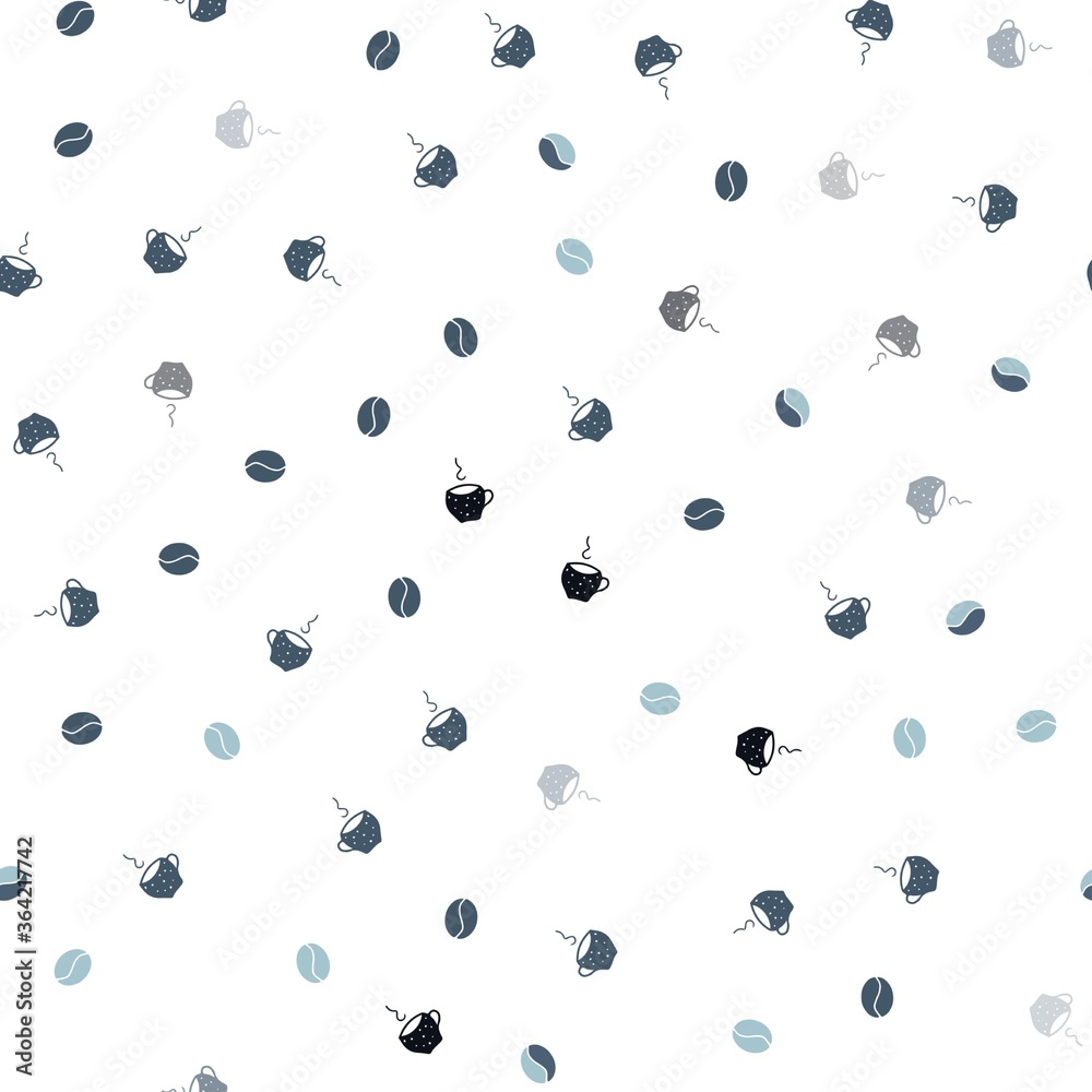 Dark BLUE vector seamless texture with coffee beans, mugs. Gradient abstract collection of coffee cups and beans. Pattern for ads of breakfast, lunch, dinner.