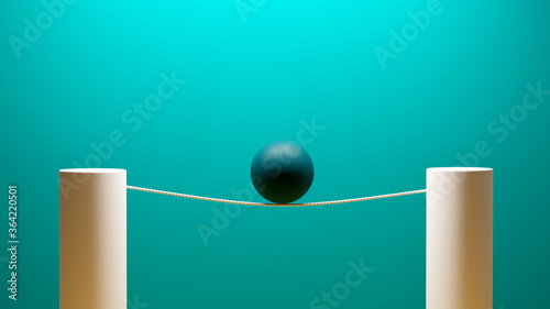 3d black ball balancing on a tightrope between two white pillars