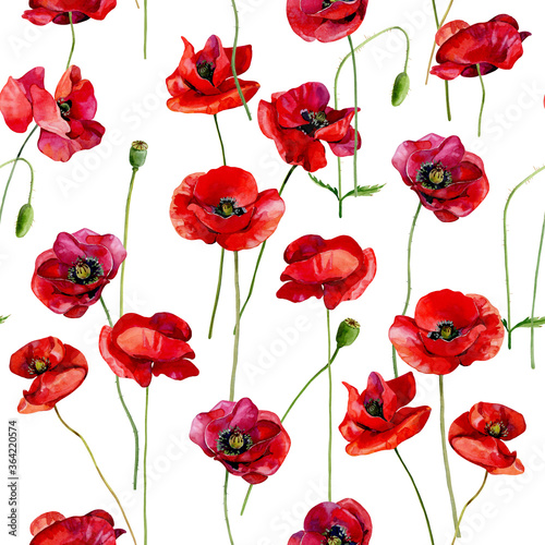 Watercolor scarlet poppies seamless pattern on a white background.