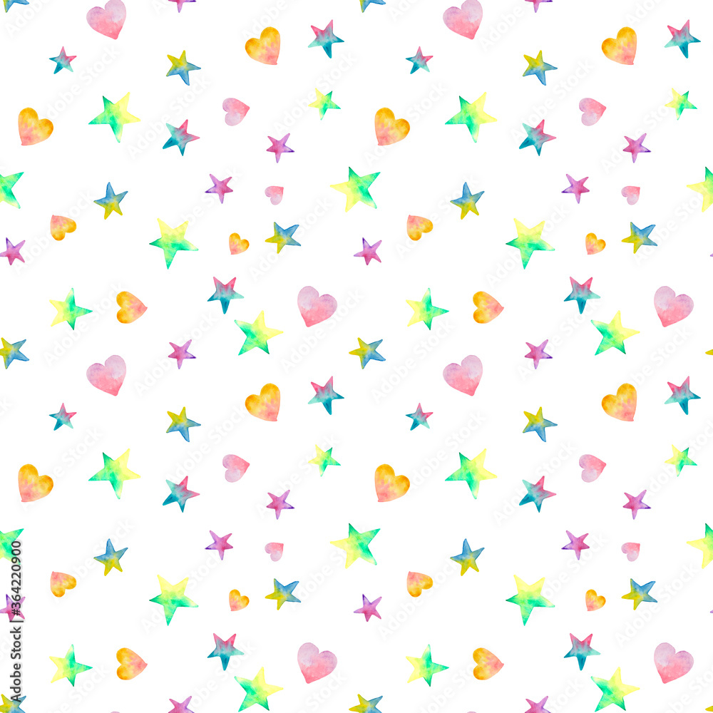 Watercolor multicolored stars and hearts. Seamless pattern. Isolated on white background. Perfect for printing on the fabric, design package and cover