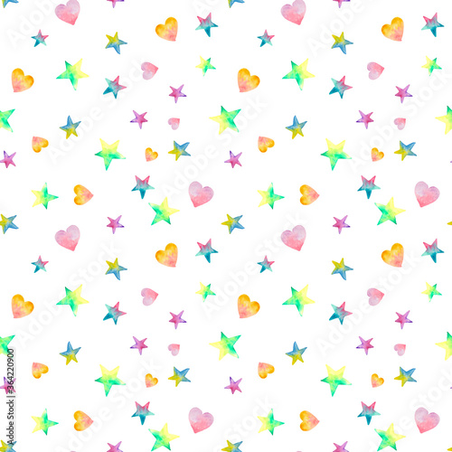 Watercolor multicolored stars and hearts. Seamless pattern. Isolated on white background. Perfect for printing on the fabric, design package and cover