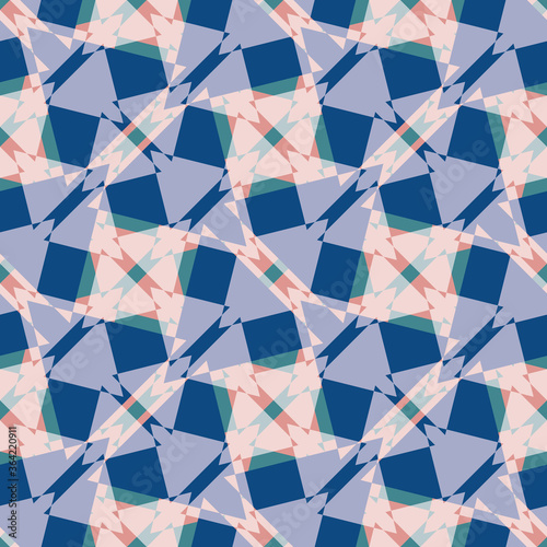 Geometric seamless repeat pattern. Classic blue with pastel colours. Great for modern wallpaper, backgrounds, interior decorative fabric and fashion fabric. Surface pattern design.