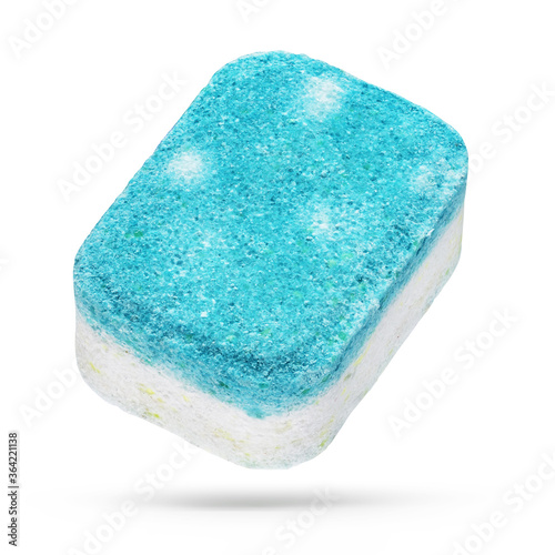 Turquoise dishwasher detergent tablet isolated on white background