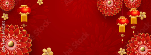 Chinese Greeting Card for 2021 New Year. Red chrysanthemums and golden sakura flowers, clouds and Asian elements on a red background. Vector