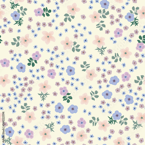 Tracery pattern in mini delicious flowers of buttercup. Trendy liberty style. Floral seamless background for textile or book covers, manufacturing, wallpapers, print, gift wrap and scrapbooking