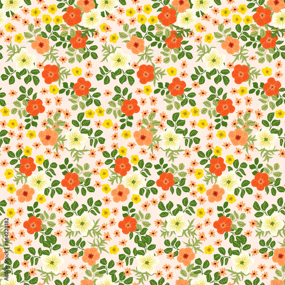 Tracery pattern in mini delicious flowers of buttercup. Trendy liberty style. Floral seamless background for textile or book covers, manufacturing, wallpapers, print, gift wrap and scrapbooking