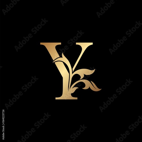 Golden Luxury Letter Y Initial Logo Icon Template Design. Monogram ornate nature floral leaf with initial letter