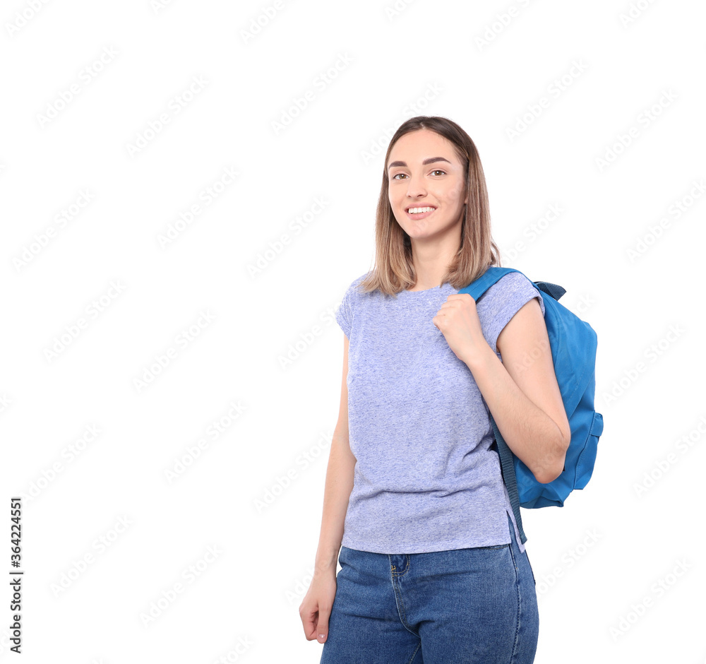 Happy schoolgirl with a blue briefcase, isolated on a white background. Back to School Happy schoolgirl with a blue briefcase, isolated on a white background. Back to School