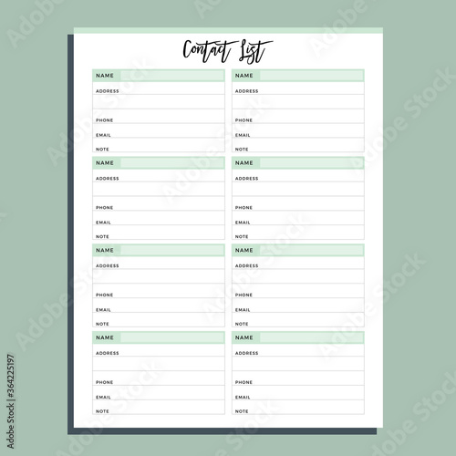 contact list planner page