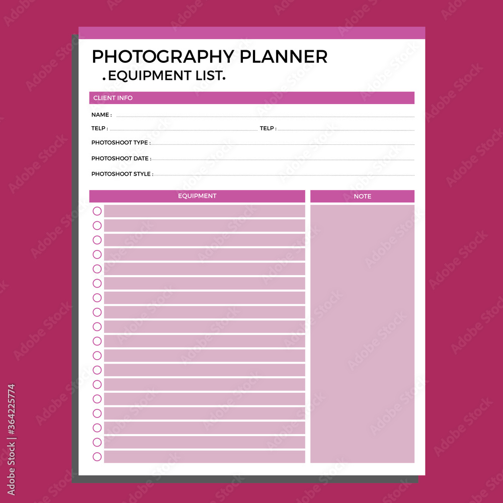 Fototapeta premium photography planner, equipment list