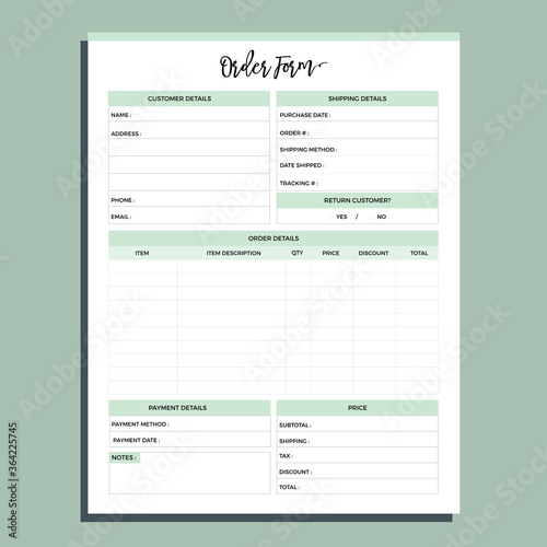 Order form planner page