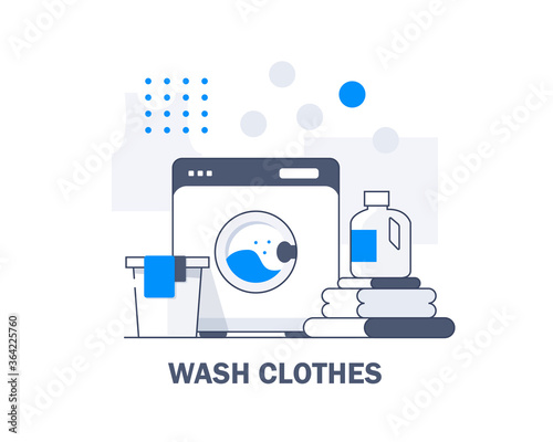 Washing machine and towels linen isolated,Equipment housework laundry wash clothes. Washer and flying bubbles in flat style