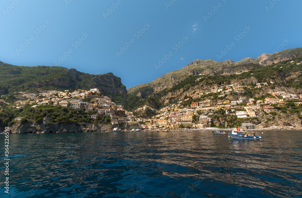 One of the most beautiful panorama in Italy, Positano, an amazing city located on the Amalfi Coast, view from the seaside, Gulf of Naples, Campania, Italy.