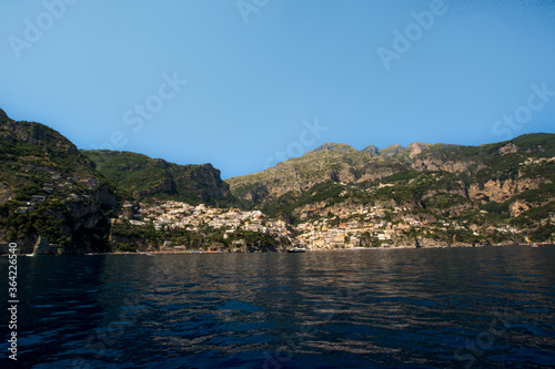 Panoramic view of Positano, Located at the centre of Amalfi coast from the middle of the sea, Gulf of Naples, South Italy.