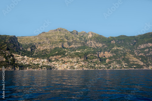 view of positano city from the sea, amazing location in amalfi coast, South of Italy.