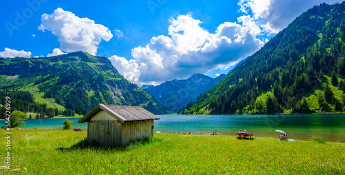 Vilsalpsee (Vilsalp Lake) at Tannheimer Tal, beautiful mountain scenery in Alps at Tannheim, Reutte, Tirol - Austria photo