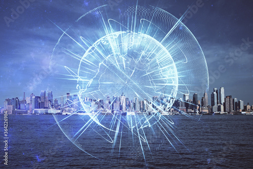 Double exposure of business theme hologram drawing and city veiw background. Concept of success.