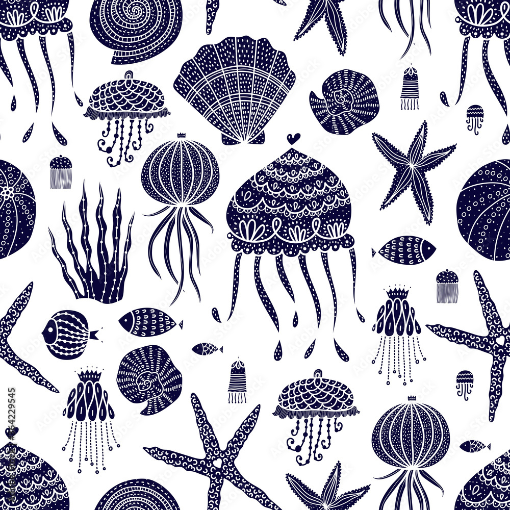 Plakat Cute seamless patternwith jellyfish, shells, fish, starfish and algae.