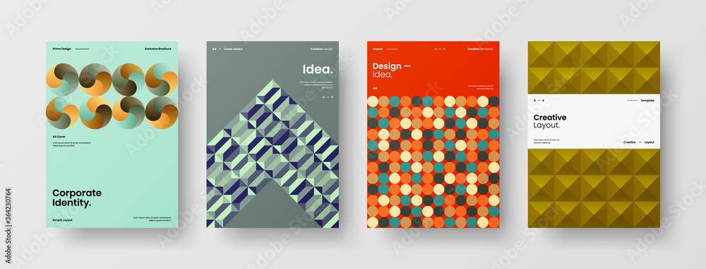 Company identity brochure template collection. Business presentation vector A4 vertical orientation front page mock up set. Corporate report cover abstract geometric illustration design layout bundle.