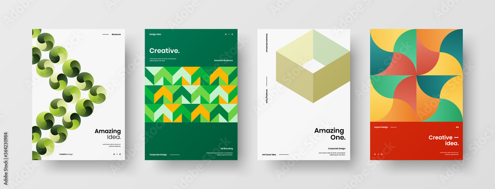 Company identity brochure template collection. Business presentation vector A4 vertical orientation front page mock up set. Corporate report cover abstract geometric illustration design layout bundle.