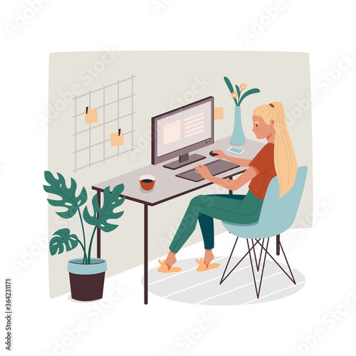 Woman at office or home working with computer. Girl doing remote job using PC. Lady employee or female designer with stickers. Cartoon freelancer with coffee. Freelance sign design